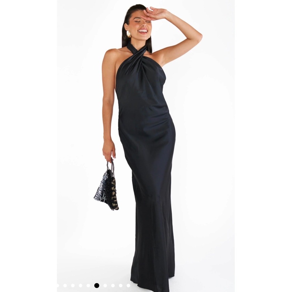 Show Me Your Mumu Jasmine Halter Maxi Dress Black Satin Open Back Gown Small